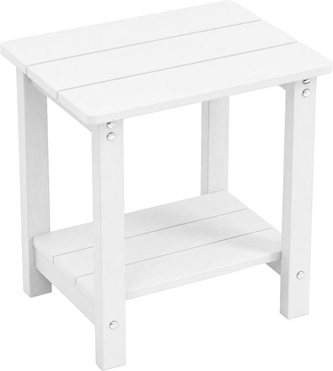 MXIMU Outdoor Side Table 2 Tier: Heavy-Duty Sturdy Warp Resistant Adirondack Table - Wood Grain Finish Outdoor End Tables - Easy Assembly & Low Maintenance Patio Side Table White