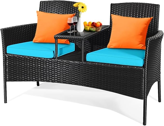 COSTWAY 2-Seat Patio Conversation Sets, Outdoor Patio Loveseat Set with Removable Cushions & Built-in Coffee Table for Backyard, Garden, Lawn, Balcony, Brown+Turquoise