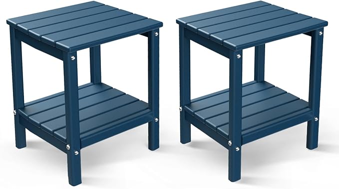 BRIOPAWS Outdoor-Side-Tables | Set of 2 | Small | HDPE Plastic | Patio End-Table | 2-Shelf Adirondack Outside Tables | All Weather | for Poolside Front Porch Indoor Living Room | 14" x 13" | Blue