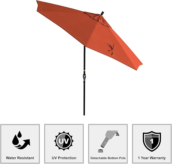 California Umbrella 9' Round Aluminum Market Umbrella, Crank Lift, Push Button Tilt, Black Pole, Sunset Olefin