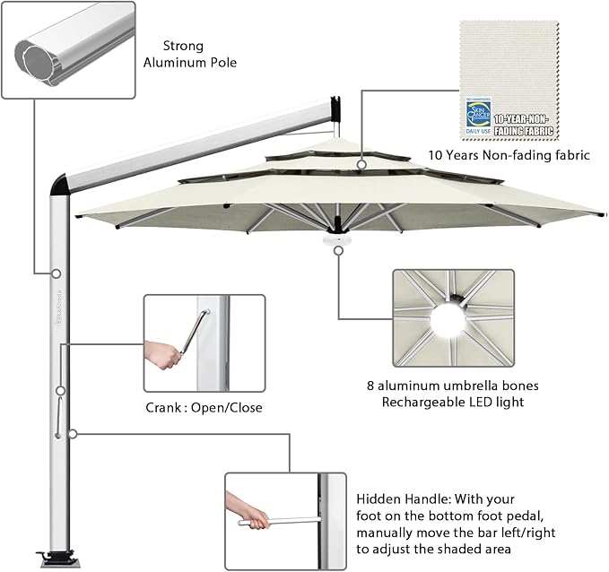 EliteShade USA Atlas 3-Tier 11FT Full Aluminum Cantilever Patio Umbrella for Outdoor Restaurant Garden Courtyard Deck Pool and Marketing with Light (No battery), Natural