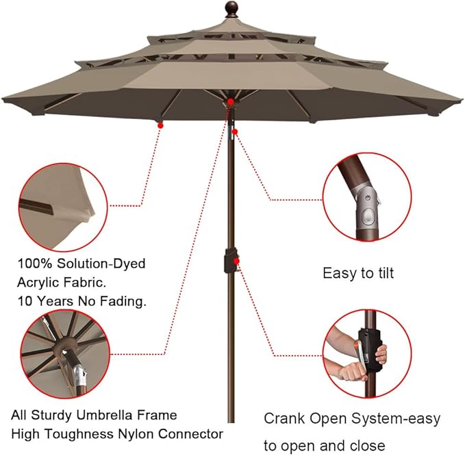 EliteShade USA 10-Year-Non-Fading 9ft 3-Tier Market Patio Umbrella, Commercial Grade Outdoor Table Umbrella with Crank Open, Windproof & UPF 50+ UV Protection, Heavy Duty Ventilation for Garden, Deck, Pool, Backyard, Beach & Bistro, Mushroom