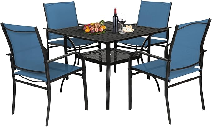 Incbruce 5 Pieces Patio Dining Set, Outdoor Dining Set of 4 Textilene Chairs and Square Table with Umbrella Hole for Backyard, Garden, and Poolside (Blue)