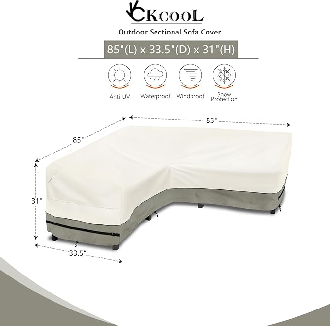 okcool Outdoor Sectional Sofa Cover Waterproof V Shaped Patio Furniture Covers for 5-Seater Outdoor Sectional Furniture Couch 85"(85''L) x 33.5''D x 31''H,White&Grayish Green