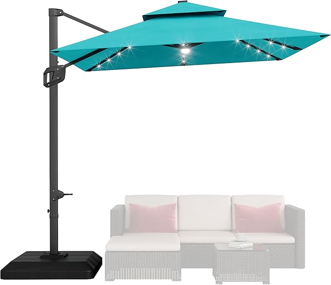 GarveeLife 10 ft x 10 ft Heavy Duty Cantilever Patio Umbrella with Solar LED Lights & Weighted Base, 2-Tier Square Aluminum Offset Umbrella with 360-Degree Rotation for Backyard, Deck, Pool, Blue
