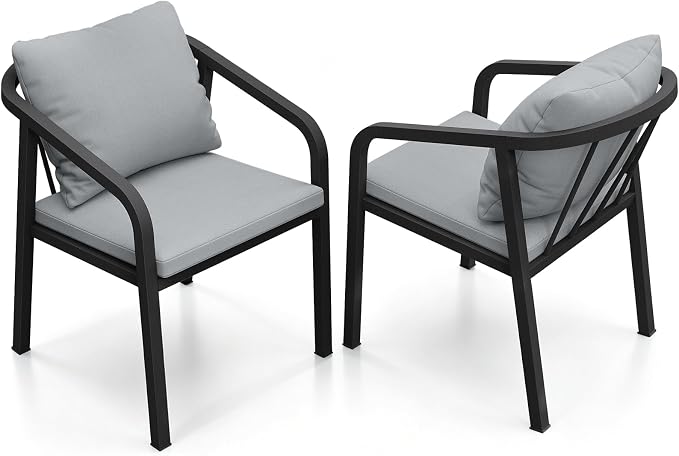 Never-Rust Aluminum Outdoor Dining Chairs Set Of 2, Patio Dining Chairs with Thick Cushion, Outdoor Patio Chairs with Wraparound Backrest and Curved Armrest for Balcony, Lawn, Courtyard, Black