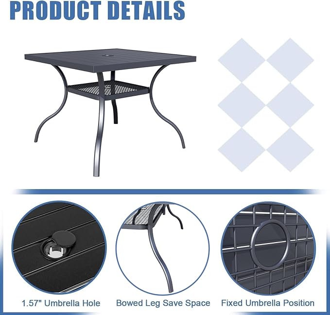 5 Pieces Patio Metal Furniture Outdoor Dining Set with 4 Stackable Bistro Chairs, 37'' x 37'' Metal Tabletop Square Table and 10Ft Sky Blue Umbrella