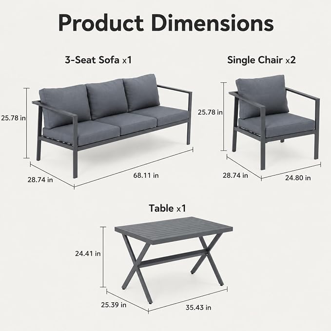 Aluminum Patio Sectional Furniture Set,4 Piece Patio Conversation Sets Outdoor Patio Furniture Set Sofa with Coffee Table & Washable Cushions Grey