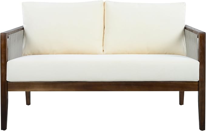 Christopher Knight Home Lalulu Outdoor Loveseat Sofa and Coffee Table Set, Acacia Wood Patio Furniture Set with Cushion, Solid Wood Outdoor Conversation Set, Dark Brown+Beige