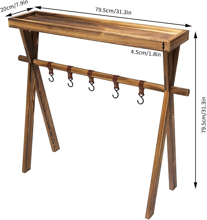 Portable Wooden Picnic Rack, with hanging hook, Lightweight Wood Outdoor Shelf Foldable Travel Camping Table Rack for Storage,Outdoor Kitchen,RV Picnic,BBQ,Home Storage
