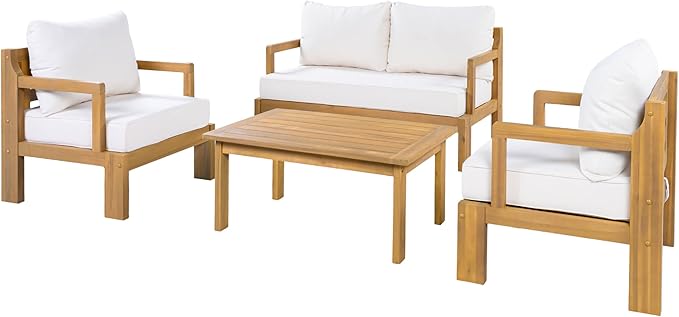 JIVOIT Outdoor 4-Seater Acacia Wood Patio Chat Set, 4 Pieces Conversation Set with Club Chair, 2 Seater Sofa and Coffee Table, Outdoor Seating Group for Garden, Backyard, Balcony