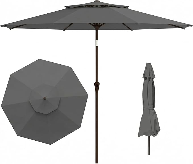 Outdoor Patio Umbrella, 2 Tiers Market Table Umbrella with 8 Sturdy Ribs, Push Button Tilt and Crank, UPF50+ UV Protection for Deck, Pool, Garden and Backyard