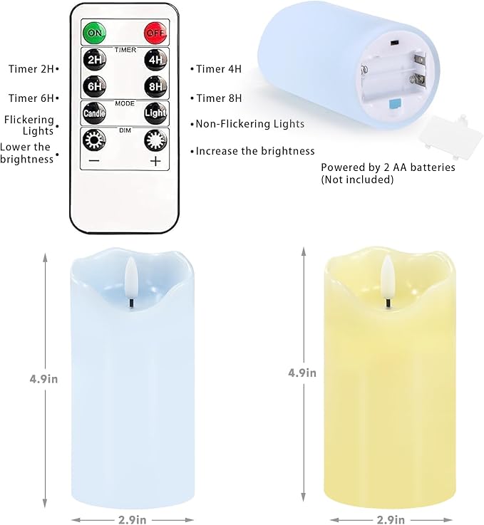 Flameless Candles Light, Set of 2 6"x3" Flickering Pastel Spring LED Candles with Remote & Timer, Dimmable Real Wax Easter Pillar Candles Battery Operated for Home Spring Easter Decor (Blue Yellow)