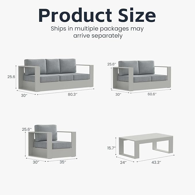 5 Pieces Patio Furniture Set with Coffee Table, Metal Modern Conversation Set with Deep Seating and Widened Aluminum Frame for Deck, Porch, Garden