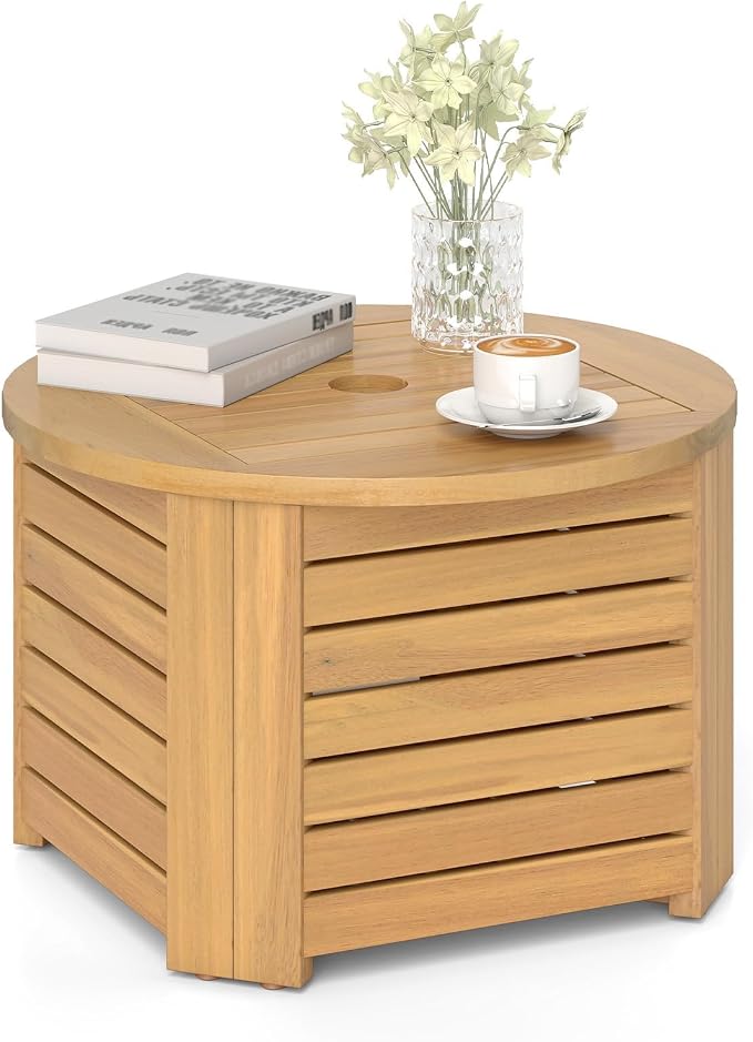 HAPPYGRILL Acacia Wood Outdoor Side Table with Umbrella Hole, Patio End Table with Storage, Removable Base, for Backyard, Balcony, Poolside