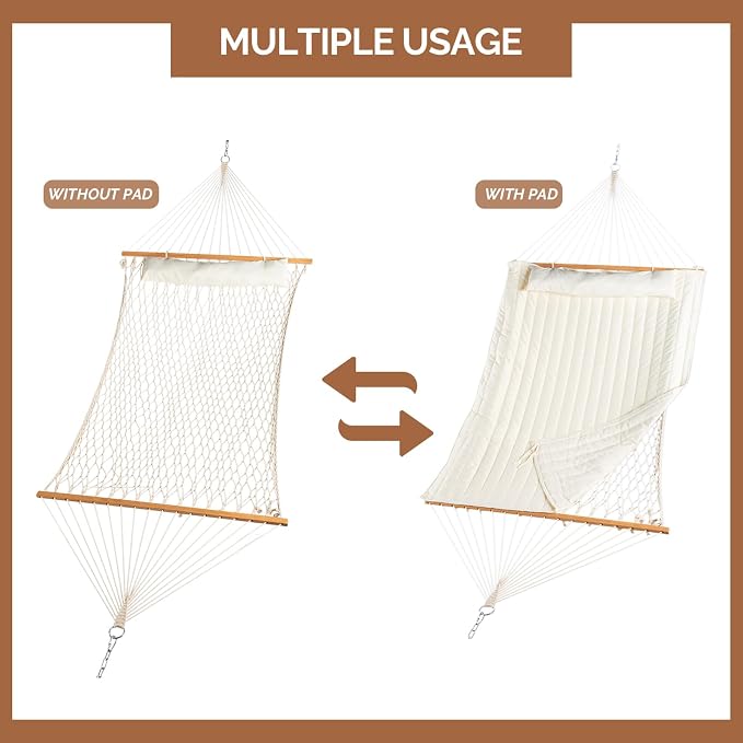 Hammock with Stand, 1-2 Person Heavy Duty Hammock with Pillow, Polyester Outdoor Hammocks Bed for Outside Backyard, Camping, Garden, Yard, Patio, 550 lbs Weight Capacity, Hamaca (Beige)