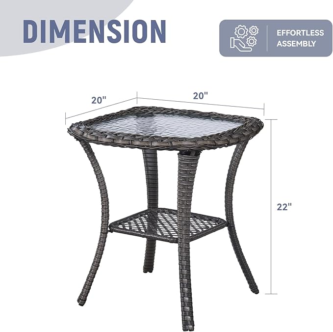 Patio Furniture Set - 2 Wicker Chairs with 2 Rattan Ottomans, 1 Wicker Side Table, Grey Cushions - 5pc Conversation Set for Garden, Balcony, Backyard