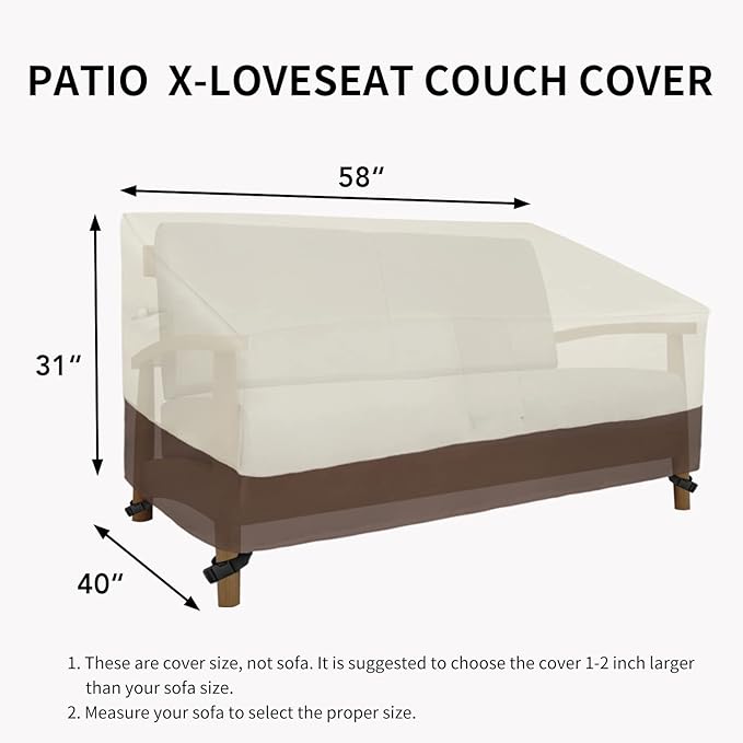 Easy-Going Waterproof Outdoor Loveseat, Heavy Duty 2-Seater Patio Couch, Windproof Furniture Cover with Air Vent (58Wx40Dx31H inch, Beige/Dark Brown)
