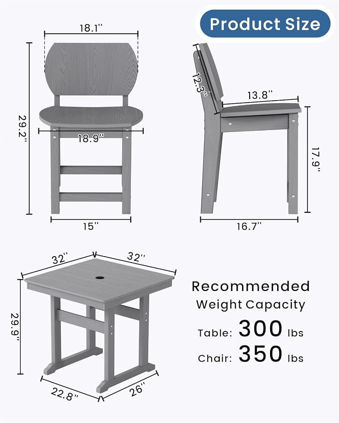 5-Piece HDPE Outdoor Dining Set, Weatherproof Patio Table and Chairs Set for 4, Includes 1 Square Table and 6 Armless Chairs, with Umbrella Hole (Grey)