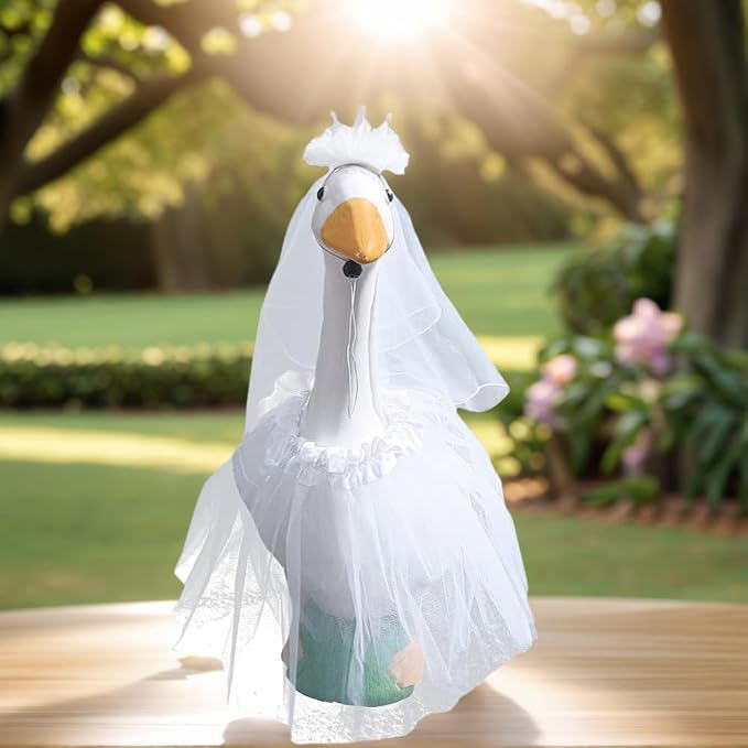 Wedding Porch Goose Outfits, Princess Themed Costume with Crown, Tiara, Veil & Tutu Skirt – Fits 17''/23'' Lawn Goose, White Lawn Decor for Garden & Wedding Events