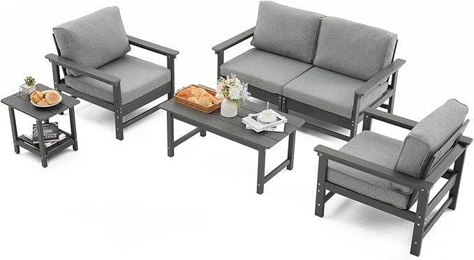 HDPE Outdoor Patio Furniture Set with Cushions, 6 Piece Patio Conversation Set Sofa Set,All Weather Outdoor Couch Set with Coffee Table for Lawn, Garden, Deck