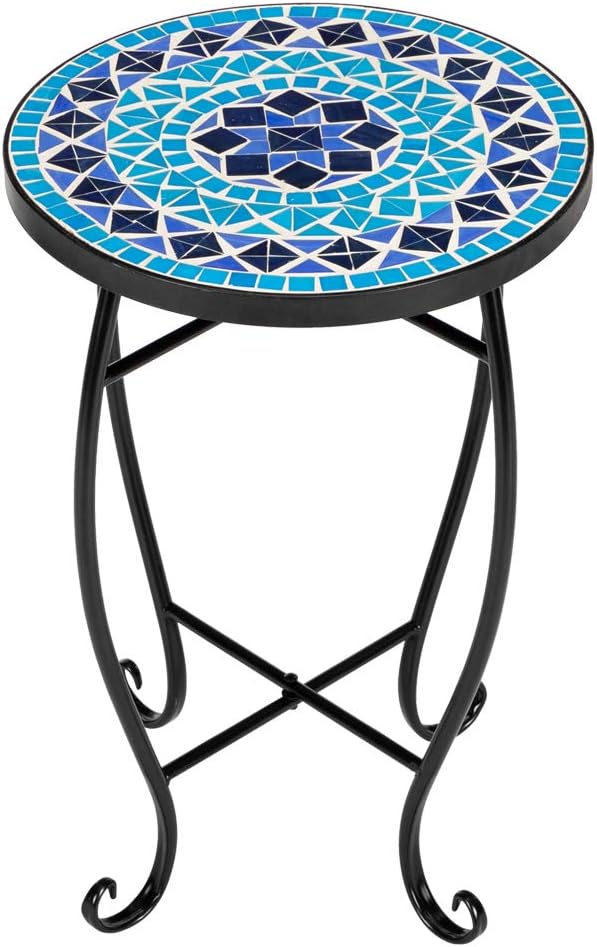 Outdoor Round Side Table,Mosaic Accent Table,Plant Stand Decor for Patio Porch Beach Pool Indoor Outdoor Coffee (Blue Ocean)
