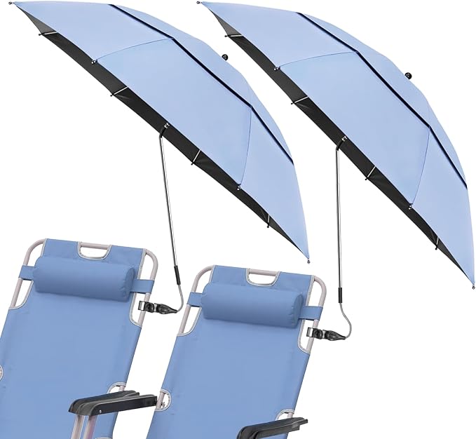 2 Pack 40.9'' Beach Chair Umbrella with 360° Adjustable Canopy & 270° Flexible Clamp, Double Canopy Sun Protection for Wheelchair, Patio, Golf Cart, Camping