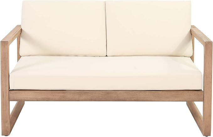 Christopher Knight Home Stefan Acacia Wood Outdoor Loveseat and Coffee Table Set with Cushions, 2 Piece Patio Conversation Set, Brown Wash, Beige