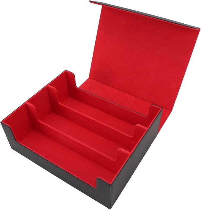 Card Deck Box 3 Rows Large Capacity Magnetic Closure PU Leather Card Deck Storage for Game Tarot (Black with Red Lining)