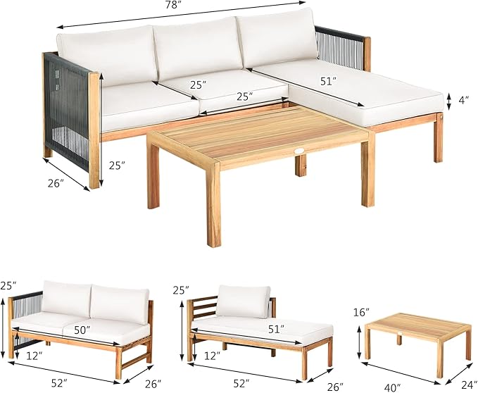 Tangkula L Shape Outdoor Furniture Set, 3 Piece Acacia Wood Patio Conversation Set, with 2 loveseats and Coffee Table, Garden Backyard Poolside Patio Seating Set (White)
