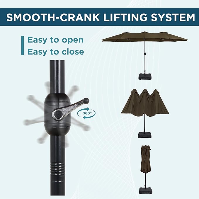 15FT Extra Large Patio Umbrella with Base Included, Heavy Duty Rectangle Outdoor Market Umbrella with 12 Strong Ribs for Patio, Garden, Lawn, Deck & Pool
