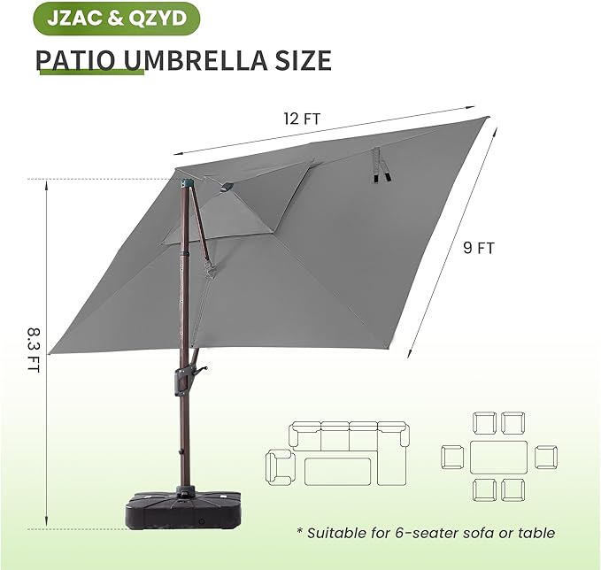JZAC & QZYD 9x12 FT Outdoor Cantilever Patio Umbrella with Base Included and LED Lights, Large Heavy Duty 2-Tier Aluminum Offset Umbrellas with 360-Degree Rotation for Pool Deck, Grey