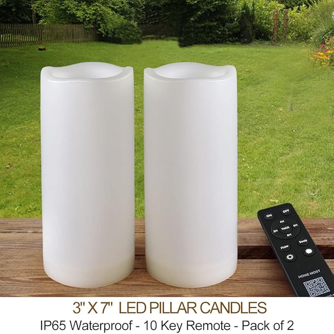 Pack of 2 Outdoor LED Pillar Candles 3x7 White with Timer and Remote - IP65 Waterproof Battery Operated LED Pillar Candles - Flickering Flameless Candle Unscented for Outside