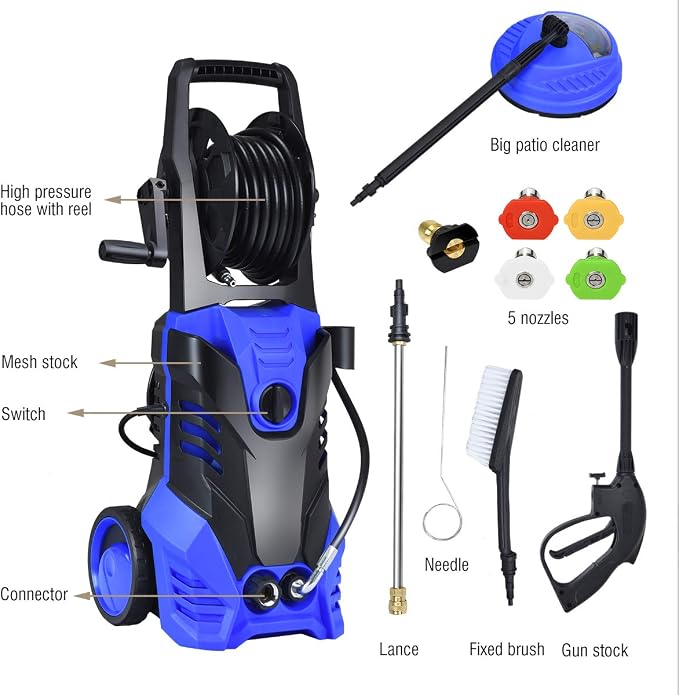 Goplus 3000PSI Electric High Pressure Washer, 2 GPM 2000W Portable Power Washer Deck Patio Cleaner with Nozzles (Blue)
