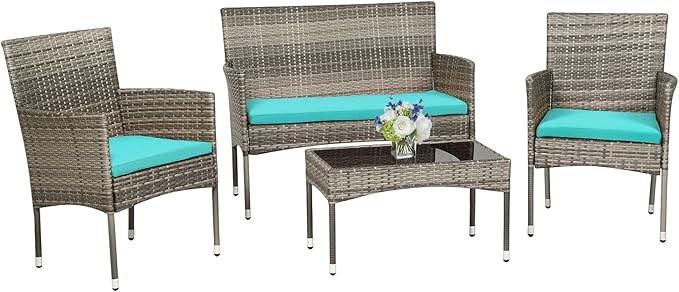 PayLessHere Outdoor Furniture Set 4 Pcs Modular Patio Furniture Set Water Resistant Conversation Set with 3 Rattan Chairs 1 Tempered Glass Topped Table for Patio Poolside, Gray Wicker/Blue Cushions