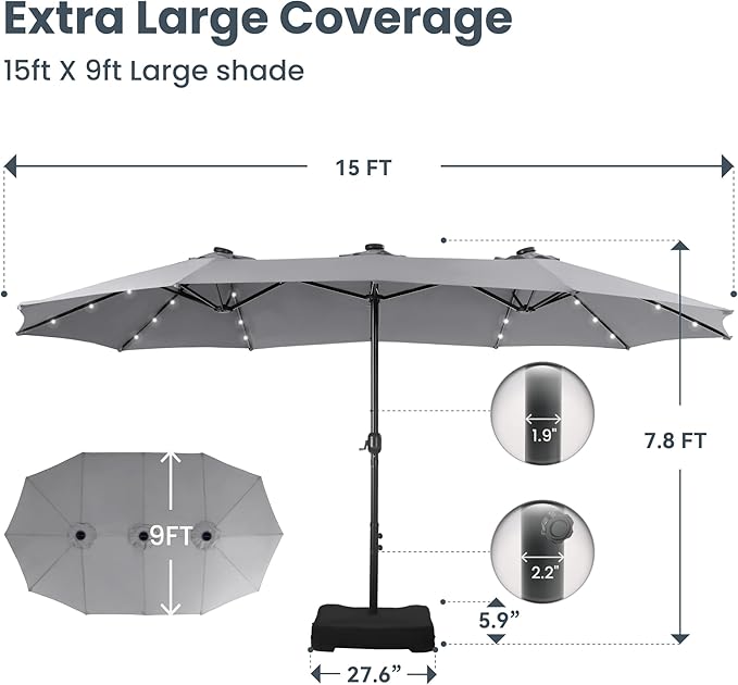 PHI VILLA 15ft Large Patio Umbrella with Solar Lights, Double-Sided Outdoor Market Rectangle Umbrellas with 36 LED Lights, Umbrella Base (Stand) Included, Light Grey