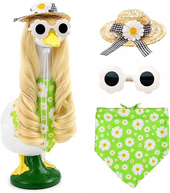 Summer Daisy Porch Goose Outfit 4 Pieces with Porch Goose Long Blonde Wig Daisy Floral Hat Bandana for Outdoor Decor for Lawn Goose Statues