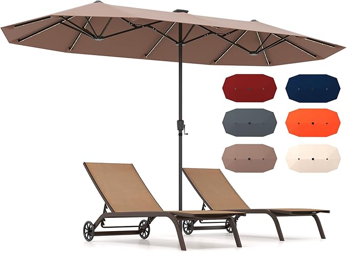 HAPPYGRILL 13 FT Double-sided Patio Umbrella with Solar Lights, Crank Handle & 12 Heavy-Duty Ribs, Outdoor Twin Size Oversized Rectangle Market Umbrella for Garden Deck Poolside