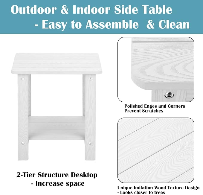 hOmeHua Weather Resistant Side Table, 17 inch Square 2-Layer Structure Wide Desktop, Imitation Wood Stripes, Easy to Assemble & Maintain, Suitable for All Indoor & Outdoor Places - White