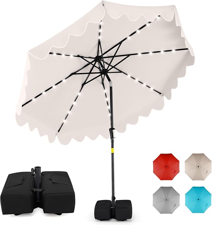 Happygrill 9FT Solar Patio Umbrella, Outdoor Market Table Umbrella with 32 LED Lights, Weighed Base, 2 Sandbags, Tilt & Crank, 8 Ribs, Fabric Canopy Sunshade, Vented Top for Garden Deck Pool Backyard (Beige)
