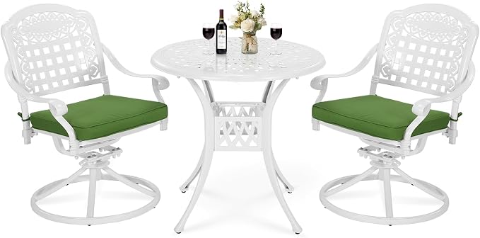 VIVIJASON 3-Piece Patio Bistro Set, Outdoor All-Weather Cast Aluminum Furniture Dining Set, Include 2 Swivel Rocker Chairs and 31" Round Table w/Umbrella Hole for Balcony, Lawn, Garden, White