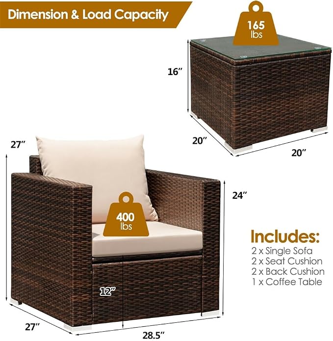 3PCS Patio Rattan Furniture Set Conversation Wicker Sofa W/Cushion Garden