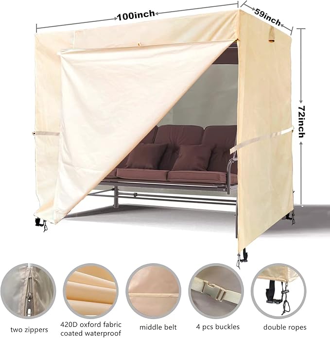 Outdoor 3 Triple Seater Hammock Swing Cover - Garden Glider Chair Canopy - UV Resistant (100 * 59 * 72 inch) Beige