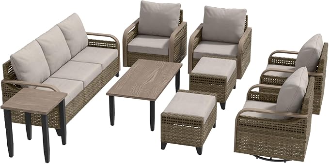 Modern Wicker Patio Furniture Set, Rattan Outdoor Conversation Set, 4 Swivel Rocking Chairs, 3 Seat Couch, 2 Ottomans, Coffee Table and Side Table, 9 Pieces, Brown/Gray