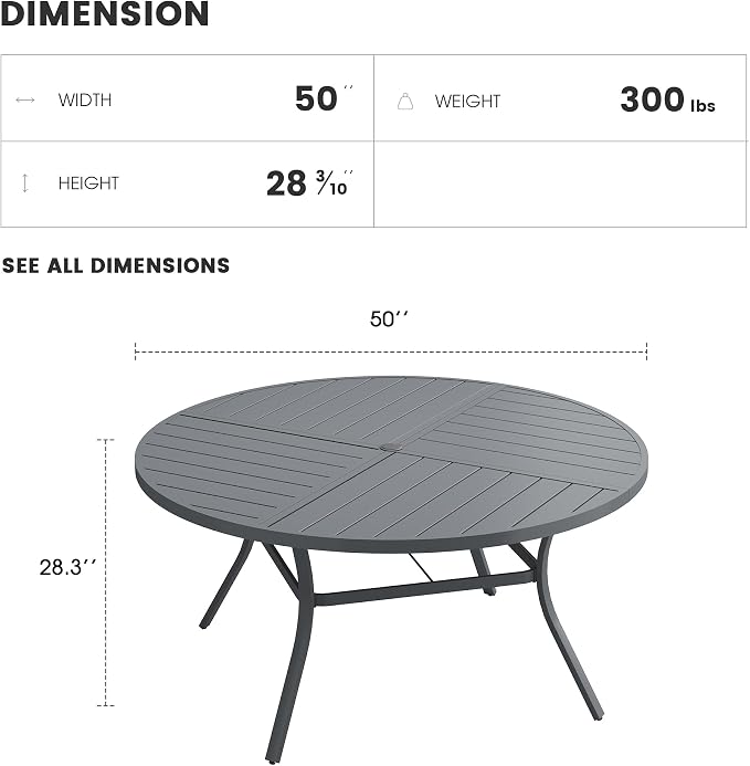 Patio Dining Table for 6, Round Metal Outdoor Table with Storage Shelf, 1.57" Umbrella Hole, 50" Outdoor Quartered Tabletop Dining Table for Backyard, Porch, Lawn, Dark Grey