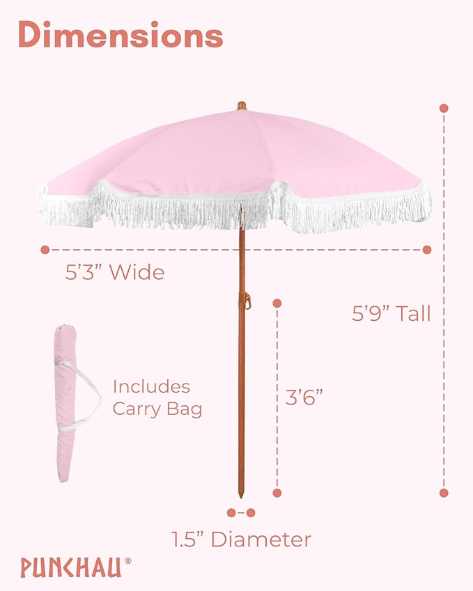6 Ft Fringe Patio Umbrella - Outdoor Umbrella for Patio, Pool, Table, Garden, Deck, Beach, and Outdoors - Fashionable Boho Vintage Tassels & Wood Print - Push Button Tilt Pole