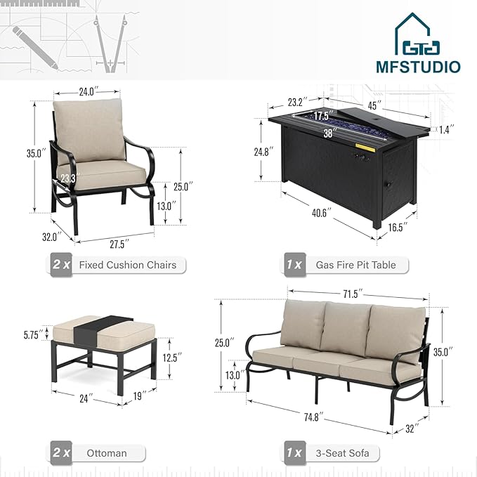 MFSTUDIO 6 Pieces Patio Furniture Sets with 45" Gas Fire Pit Table(Up to 7 Seat),Outdoor Metal Conversation Sofas with 1 x 3-Seat Sofa, 2 Sofa Chairs and 2 Ottoman,Beige Cushion