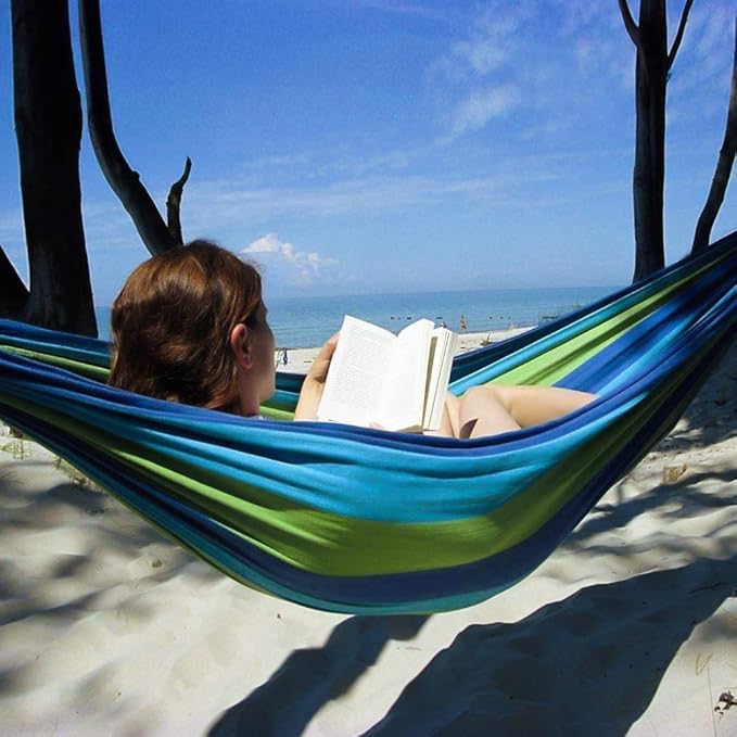 Brazilian Double Hammock 2 Person Canvas Cotton Hammock with Carrying Bag for Patio Porch Garden Backyard Lounging Outdoor/ Indoor Green Stripe Hammock