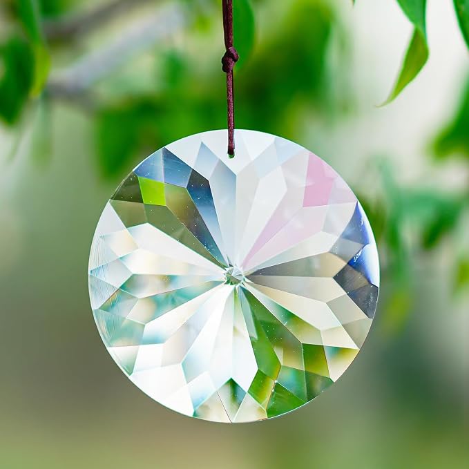 YU FENG Bauhinia Hanging Faceted Crystals Large Window Prisms Suncatcher | 3inch Round Crystal Ornament, Window Hanging Decor, Chandelier Pendant, Clear Sun Catcher Decoration