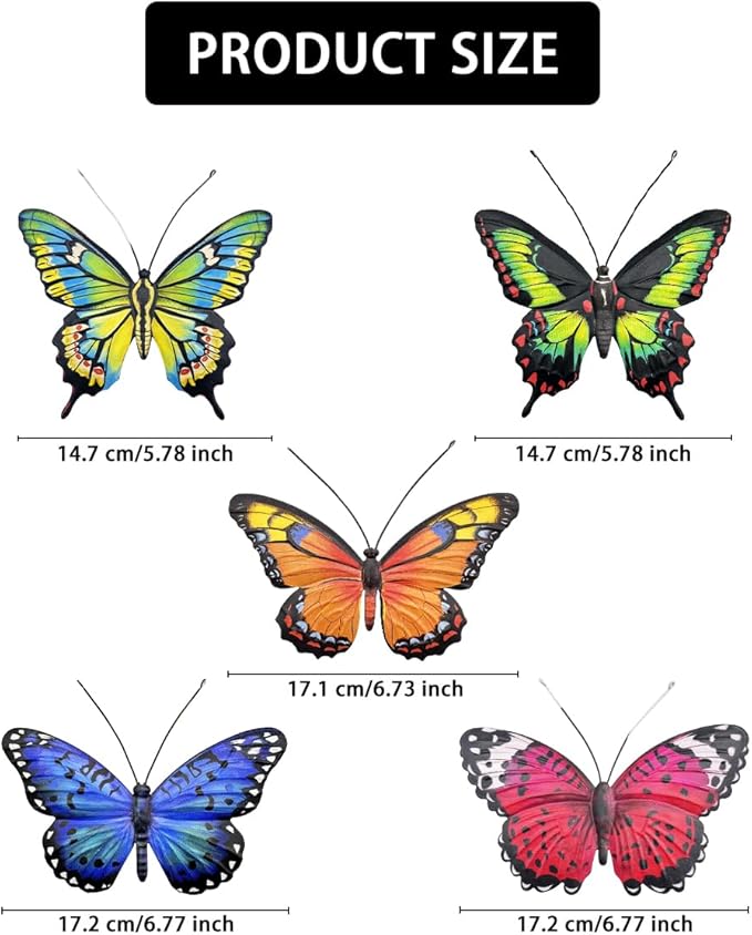 EOORAU Metal Butterfly Wall Decor - 5 Pcs 3D Lifelike Metal Butterflies Outdoor Wall Art Sculpture Hanging Decorations for Outside Fence Yard Patio Garden Exterior Decorations